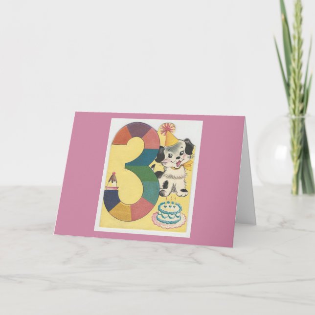Cartão Feliz Aniversário Com Cão Vintage "3 Anos" (Frente)
