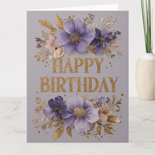 Cartão Feliz Aniversário com flores roxas e brilho (Frente)
