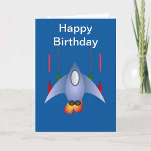 Cartão Feliz aniversário com foguete espaçonave para meni