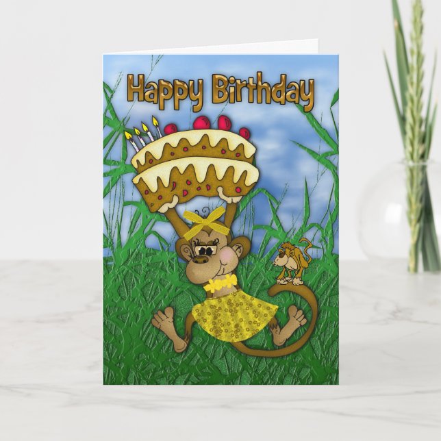 Cartão Feliz aniversário com macaco segurando bolo (Frente)