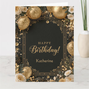 Cartão Feliz Aniversário com Nome Preto e Dourado Elegant