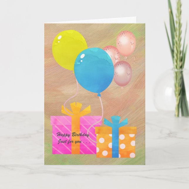 Cartão Feliz aniversário com presentes e balões (Frente)