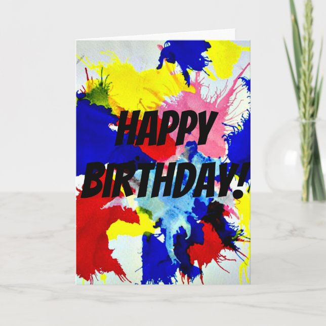 Cartão "Feliz Aniversário!" com respingos de tinta (Frente)