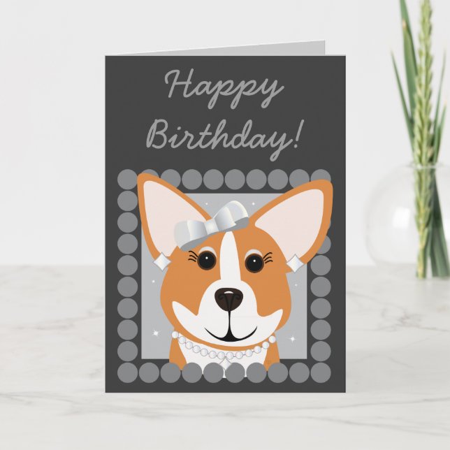 Cartão Feliz aniversário! Corgi Lady Cinza (Frente)
