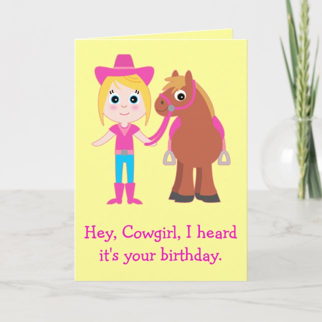 Cartão Feliz aniversário, Cowgirl para a Filha (Frente)