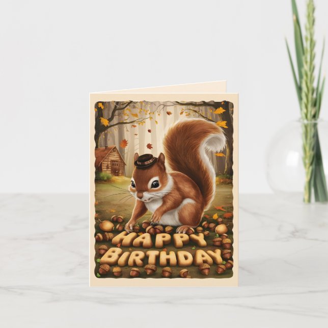 Cartão Feliz Aniversário, Cute Vintage Squirrel (Frente)