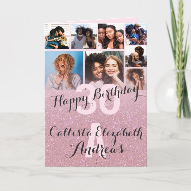 Cartão Feliz Aniversário da Colagem de Fotos Rosa Glitter (Frente)