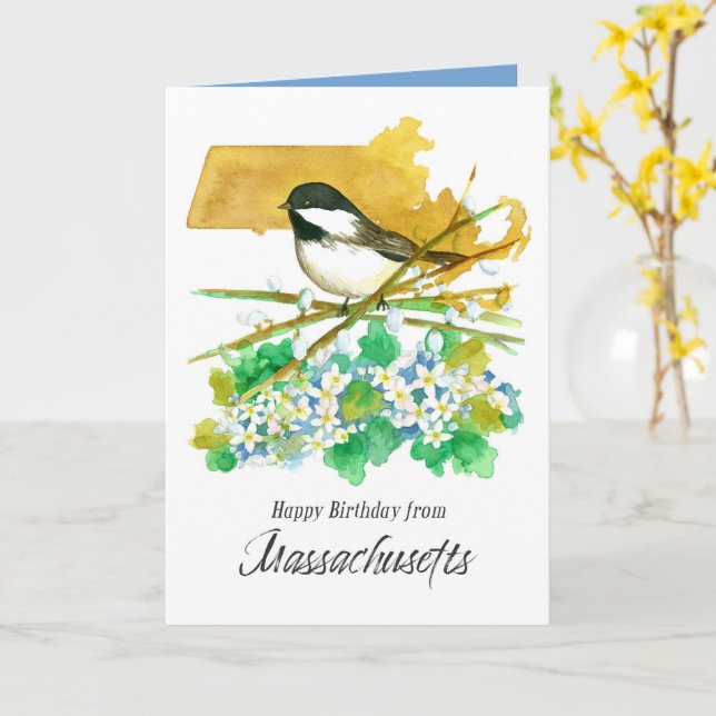 Cartão Feliz Aniversário da Flor Chickadee de Massachuset (Flor Amarela)