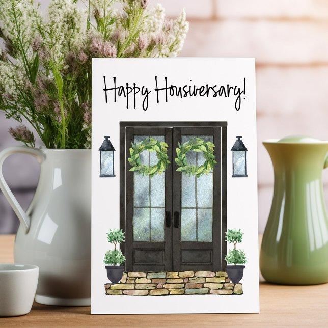 Cartão Feliz Aniversário da Frente da Porta (One year home anniversary card for your real estate clients.)