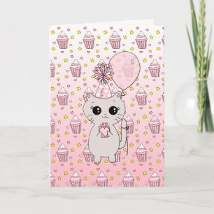 Cartão Feliz Aniversário da Gatinha Rosa