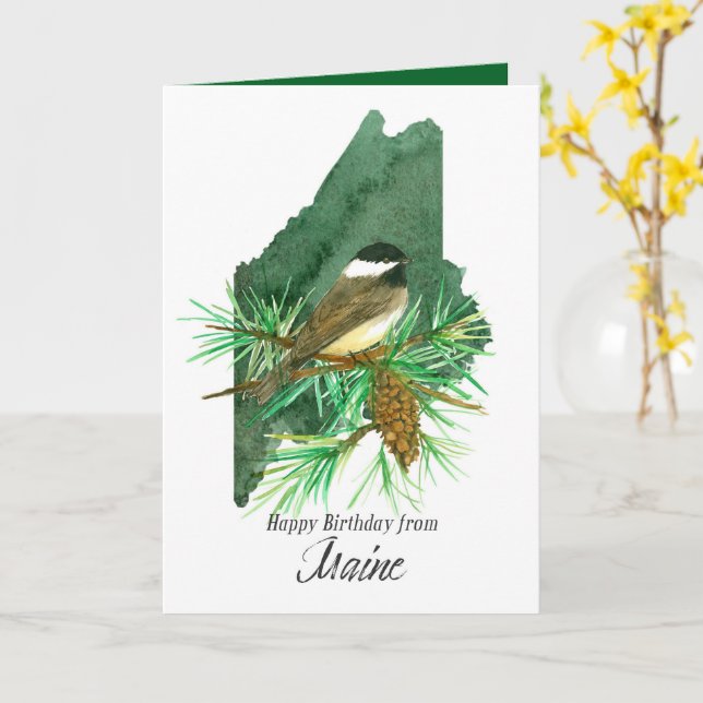 Cartão Feliz Aniversário da Maine Chickadee Pinecone (Flor Amarela)