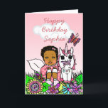 Cartão Feliz aniversario da menina feericamente lunática<br><div class="desc">Fada de uma menina bonito do afro-americano,  do hispânico,  do Hawaiian,  do Latino e flores do arr e cartão populares lunáticos das borboletas para uma menina. personalize-o adicionando o nome da criança na área da personalização. Coral,  rosa,  roxo,  amarelo,  cerceta,  e cores felizes brilhantes bonitas toda diferentes.</div>