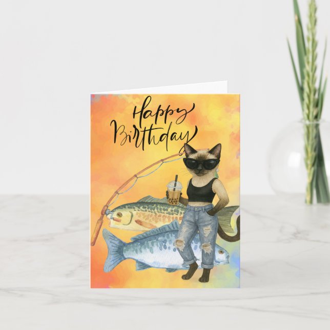 Cartão Feliz Aniversário da Pesca de Gato (Frente)