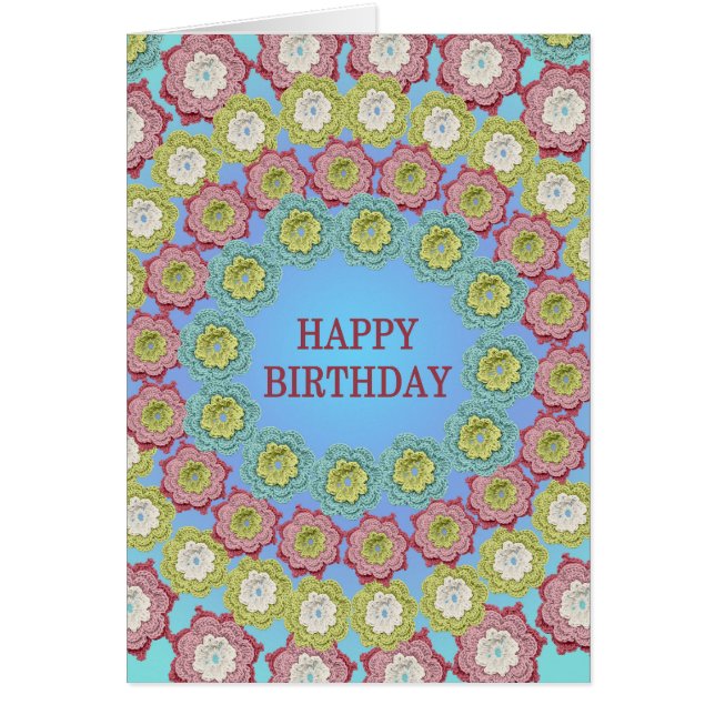 Cartão Feliz Aniversário das Flores de Crochet (Frente)