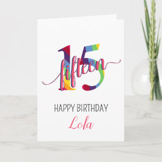 Cartão Feliz aniversário de 15 anos, menina arco-íris