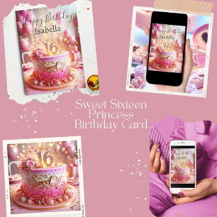 Cartão Feliz Aniversário de 16 Anos Bolo de Rosa Dourada