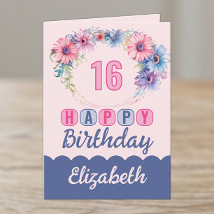 Cartão Feliz aniversário de 16 anos nome floral rosa