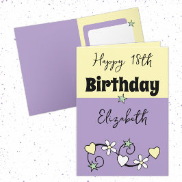 Cartão Feliz aniversário de 18 anos, púrpura amarelo