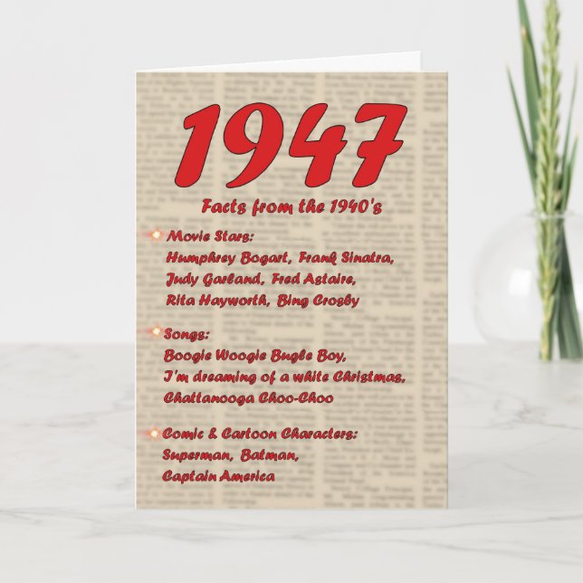 Cartão Feliz Aniversário de 1947 Ano das notícias do nasc (Frente)