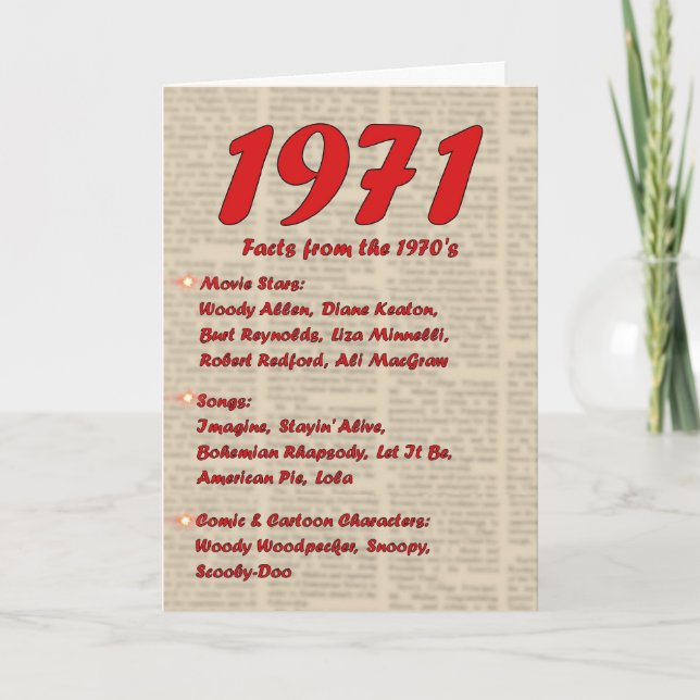 Cartão Feliz Aniversário de 1971 Ano das Notícias do Nasc (Frente)