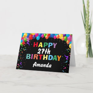 Cartão Feliz Aniversário de 27 anos Balões Coloridos Pret