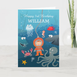 Cartão Feliz aniversário de 3 anos Cartoon Diver Undersea