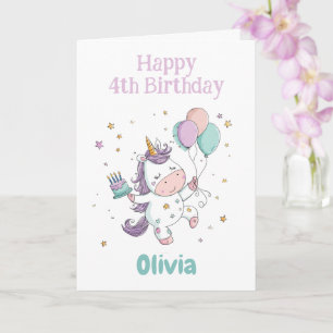 Cartão Feliz aniversário de 4 anos, Unicórnio, Personaliz