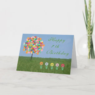 Cartão Feliz aniversário de 7, árvore de Bubblegum