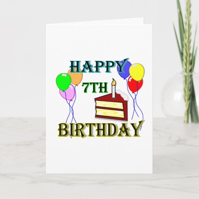 Cartão Feliz aniversário de 7 com Bolo, Balões e Velas (Frente)