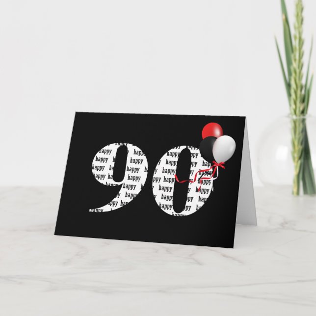 Cartão Feliz Aniversário De 90 A Preto Com Balões (Frente)