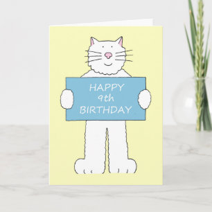 Cartão Feliz Aniversário de 9 anos Desenho de Gato Branco