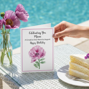 Cartão Feliz Aniversário de Agosto Mami Papoula Roxa