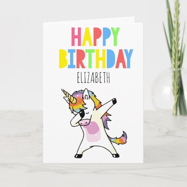 Cartão Feliz Aniversário de Dabbing Unicorn Personalizado (Frente)