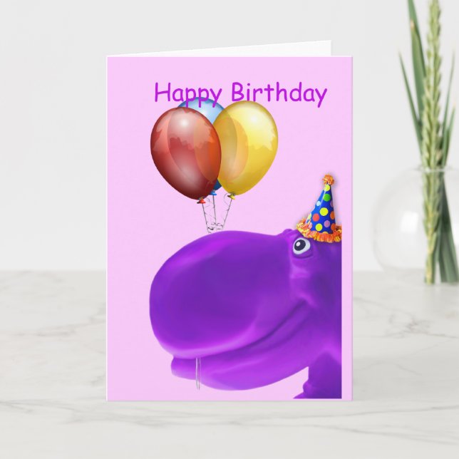 Cartão Feliz aniversário de Hippo Roxo (Frente)