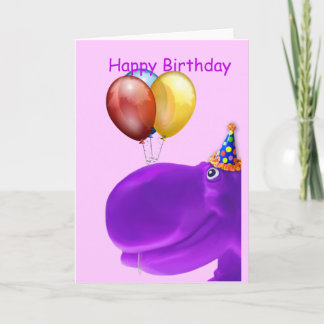 Cartão Feliz aniversário de Hippo Roxo