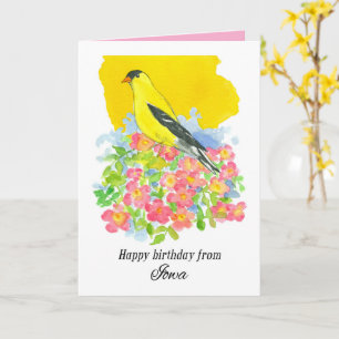 Cartão Feliz Aniversário de Iowa Goldfinch Wild Roses