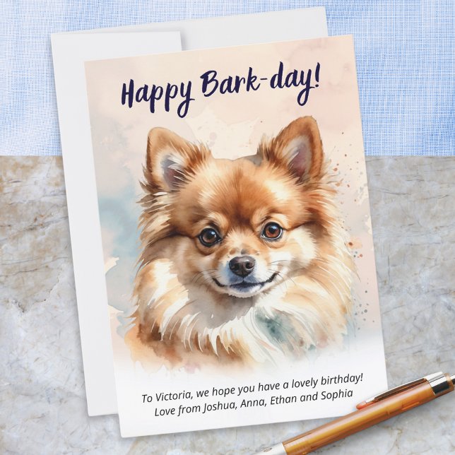 Cartão Feliz aniversário de Latido dia de Aquarela Pomerâ (A birthday card with picture of a Pomeranian dog, with 'Happy Bark-day!" greeting and custom text)