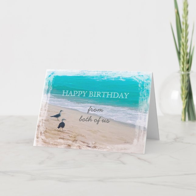 Cartão Feliz aniversário de nós dois com arte na praia (Frente)