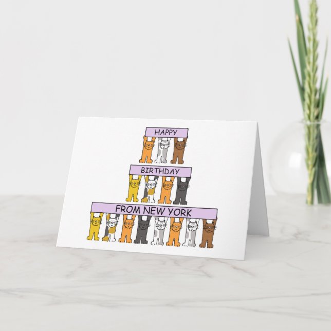 Cartão Feliz aniversário de Nova York, Gatos de Cartoon. (Frente)