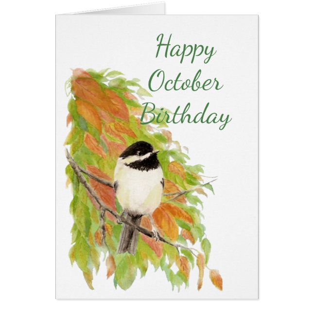 Cartão Feliz Aniversário de Setembro Outono Chickadee Bir (Frente)