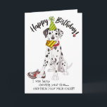 Cartão Feliz aniversario de seu amigo do cão de Dalmation<br><div class="desc">O feliz aniversario de seu amigo do cão de Dalmation é um grande cartão para qualquer um que você sabe quem tem um Dalmation. Este Dalmation feliz era ocupado mastigar os calçados do seu proprietário--- mas surpresa manchou o bolo de aniversário brilhantemente colorido e roubou uma parte. Você quer rir,...</div>