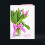Cartão Feliz aniversário de tulipas cor-de-rosa em vaso<br><div class="desc">buquê de tulipa rosa em vaso,  em fundo branco,  para o aniversário.
O nome pode ser editado.</div>