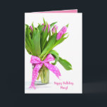 Cartão Feliz aniversário de tulipas cor-de-rosa em vaso<br><div class="desc">buquê de tulipa rosa em vaso,  em fundo branco,  para o aniversário.
O nome pode ser editado.</div>
