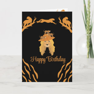 Cartão feliz aniversário de um chapéu preto e ouro