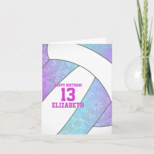 Cartão Feliz aniversário de vôlei rosa-roxa-turquesa