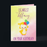 Cartão Feliz Aniversário Deseja Personalizar<br><div class="desc">Personalize este cartão de aniversário de Feliz aniversário. Este cartão encantador apresenta um fundo cor-de-rosa e amarelo, com "Querido" escrito no topo com uma fonte roxa. Embaixo há uma modelo para inserir um nome. Há uma coruja segurando balões no meio com "No seu aniversário" escrito em fonte divertida. O dentro...</div>