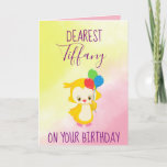 Cartão Feliz Aniversário Deseja Personalizar<br><div class="desc">Personalize este cartão de aniversário de Feliz aniversário. Este cartão encantador apresenta um fundo cor-de-rosa e amarelo, com "Querido" escrito no topo com uma fonte roxa. Embaixo há uma modelo para inserir um nome. Há uma coruja segurando balões no meio com "No seu aniversário" escrito em fonte divertida. O dentro...</div>