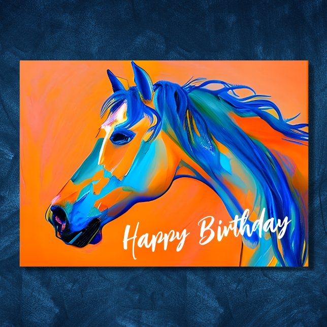Cartão Feliz Aniversário do Cavalo de Abstrato Azul e Lar (Blue and Orange Abstract Horse Happy Birthday Card)