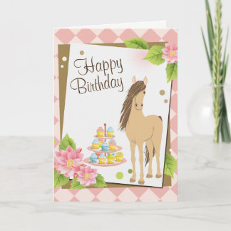 Cartão Feliz Aniversário do Cavalo Marrom bonito e Flores