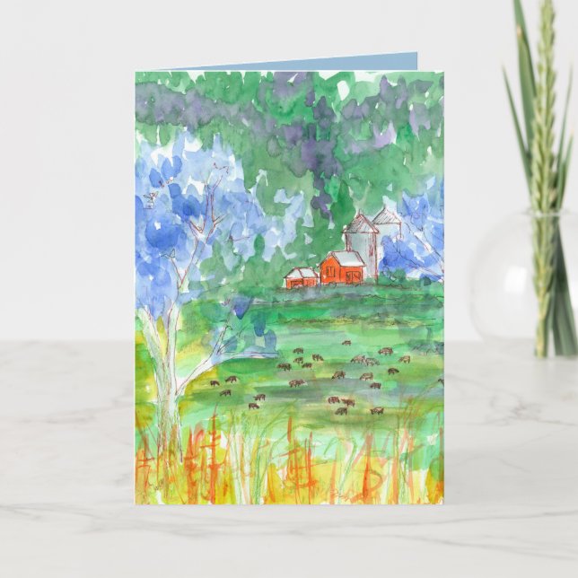 Cartão Feliz aniversario do celeiro vermelho das vacas (Frente)